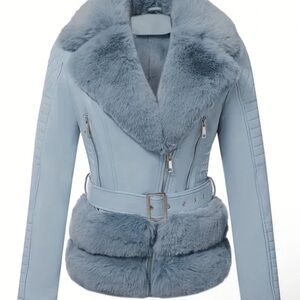 SHEIN Light Blue Faux Fur Leather Jacket